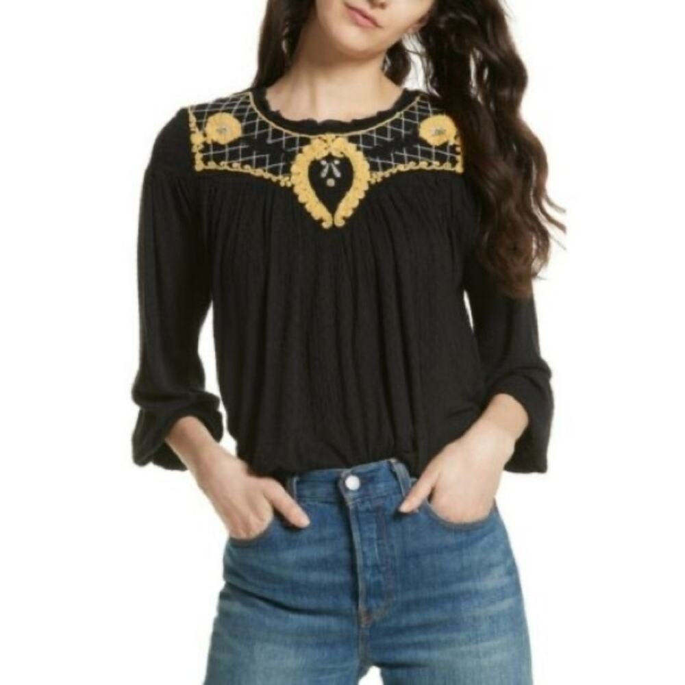 Free People Begonia Embroidered Top Black Long Sleeve Medium